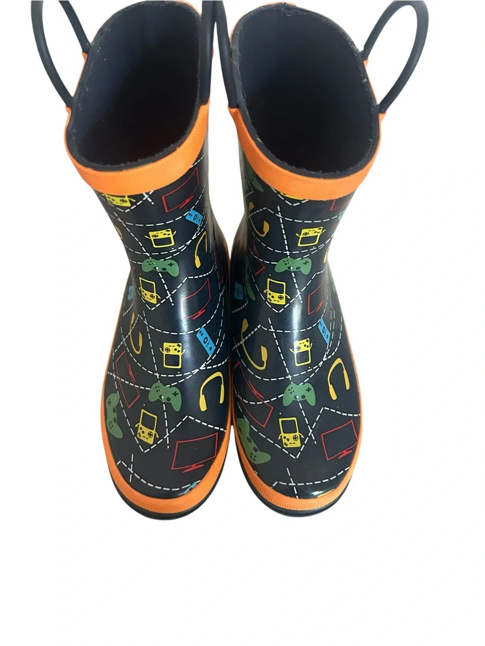 Kids Black Orange Trim Rain Boots with Game Controller Print size 13